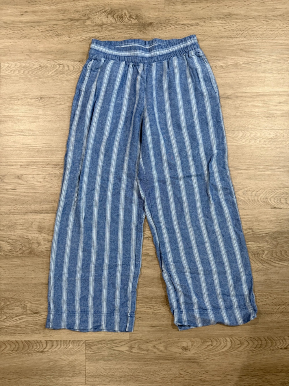 Old Navy Linen Blend Striped Blue Wide-Leg Pants Pull On